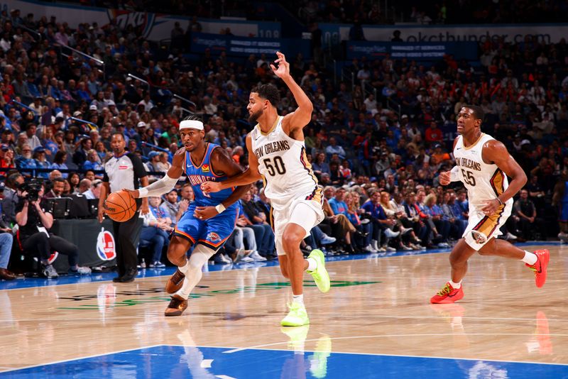 OKLAHOMA CITY, OK - NOVEMBER 13:  Shai Gilgeous-Alexander #2 of the Oklahoma City Thunder drives to the basket during the game against the New Orleans Pelicans on November 13, 2024 at Paycom Center in Oklahoma City, Oklahoma. NOTE TO USER: User expressly acknowledges and agrees that, by downloading and or using this photograph, User is consenting to the terms and conditions of the Getty Images License Agreement. Mandatory Copyright Notice: Copyright 2024 NBAE (Photo by Zach Beeker/NBAE via Getty Images)