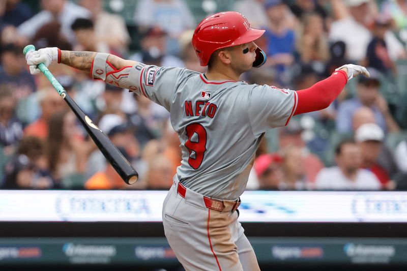 Aug 29, 2024; Detroit, Michigan, USA;  Los Angeles Angels shortstop Zach Neto (9) hits a two run home run in the fifth inning against the Detroit Tigers at Comerica Park. Mandatory Credit: Rick Osentoski-USA TODAY Sports