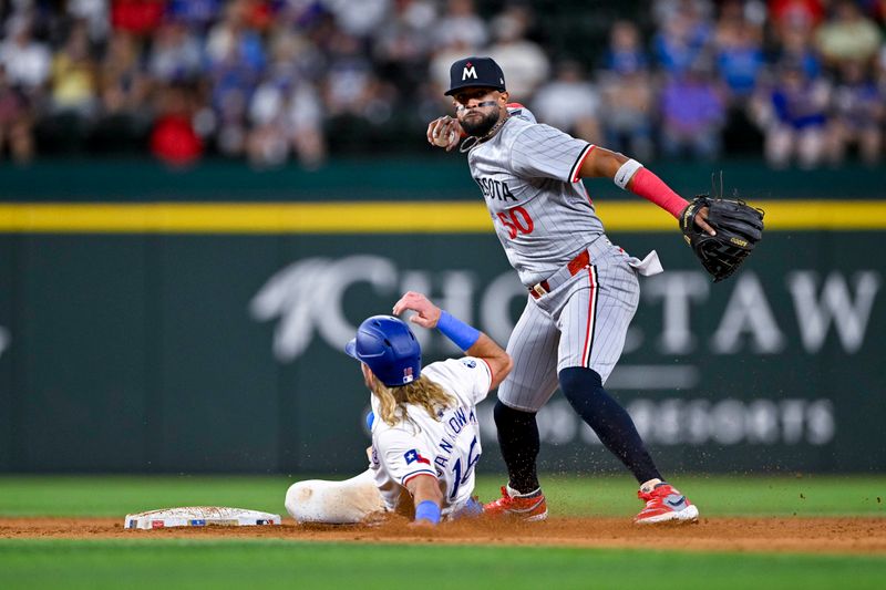 Aug 15, 2024; Arlington, Texas, USA; Minnesota Twins shortstop Willi Castro (50) throws to first base after putting out Texas Rangers left fielder Travis Jankowski (16) during the game at Globe Life Field. Mandatory Credit: Jerome Miron-USA TODAY Sports