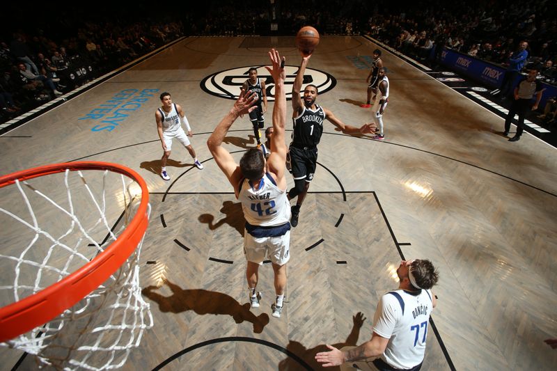 BROOKLYN, NY - FEBRUARY 6: Mikal Bridges #1 of the Brooklyn Nets goes to the basket during the game on February 6, 2024 at Barclays Center in Brooklyn, New York. NOTE TO USER: User expressly acknowledges and agrees that, by downloading and or using this Photograph, user is consenting to the terms and conditions of the Getty Images License Agreement. Mandatory Copyright Notice: Copyright 2024 NBAE (Photo by Nathaniel S. Butler/NBAE via Getty Images)