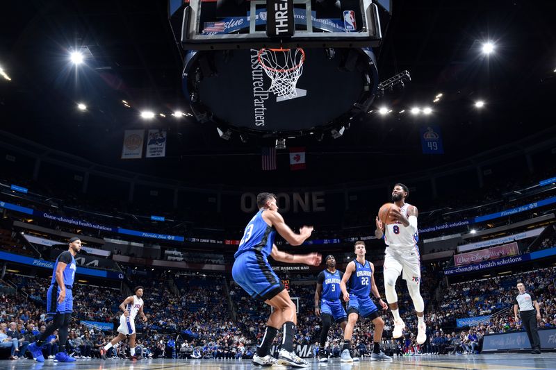 ORLANDO, FL - NOVEMBER 15: Paul George #8 of the Philadelphia 76ers shoots the ball during the game against the Orlando Magic during the Emirates NBA Cup game on  November 15, 2024 at Kia Center in Orlando, Florida. NOTE TO USER: User expressly acknowledges and agrees that, by downloading and or using this photograph, User is consenting to the terms and conditions of the Getty Images License Agreement. Mandatory Copyright Notice: Copyright 2024 NBAE (Photo by Fernando Medina/NBAE via Getty Images)