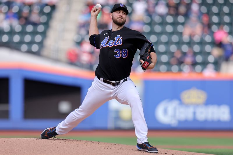 Sep 30, 2023; New York City, New York, USA; New York Mets starting pitcher Tylor Megill (38) pitches against the Philadelphia Phillies during the first inning at Citi Field. Mandatory Credit: Brad Penner-USA TODAY Sports