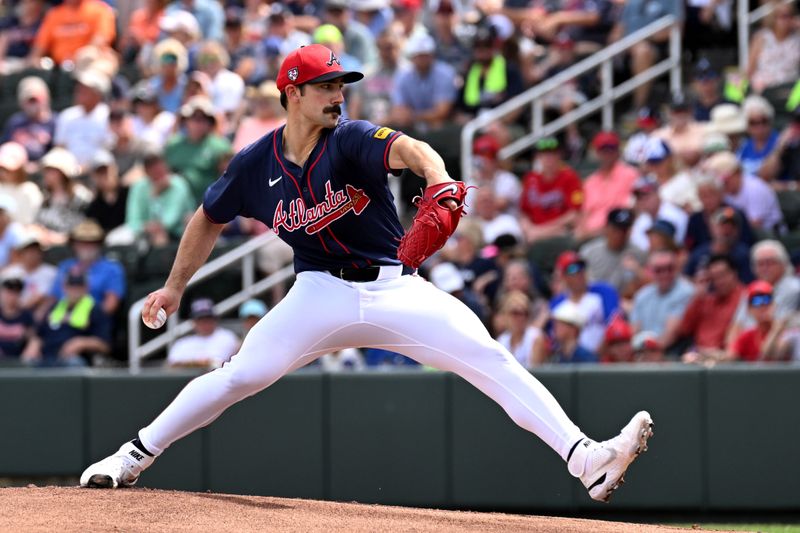 Mar 5, 2024; North Port, Florida, USA; Atlanta Braves pitcher Spencer Strider (99) throws a pitch in the first inning of the spring training game against the Detroit Tigers at CoolToday Park. Mandatory Credit: Jonathan Dyer-USA TODAY Sports