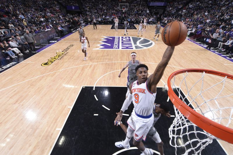 SACRAMENTO, CA - MARCH 9: RJ Barrett #9 of the New York Knicks drives to the basket during the game against the Sacramento Kings on March 9, 2023 at Golden 1 Center in Sacramento, California. NOTE TO USER: User expressly acknowledges and agrees that, by downloading and or using this Photograph, user is consenting to the terms and conditions of the Getty Images License Agreement. Mandatory Copyright Notice: Copyright 2023 NBAE (Photo by Rocky Widner/NBAE via Getty Images)