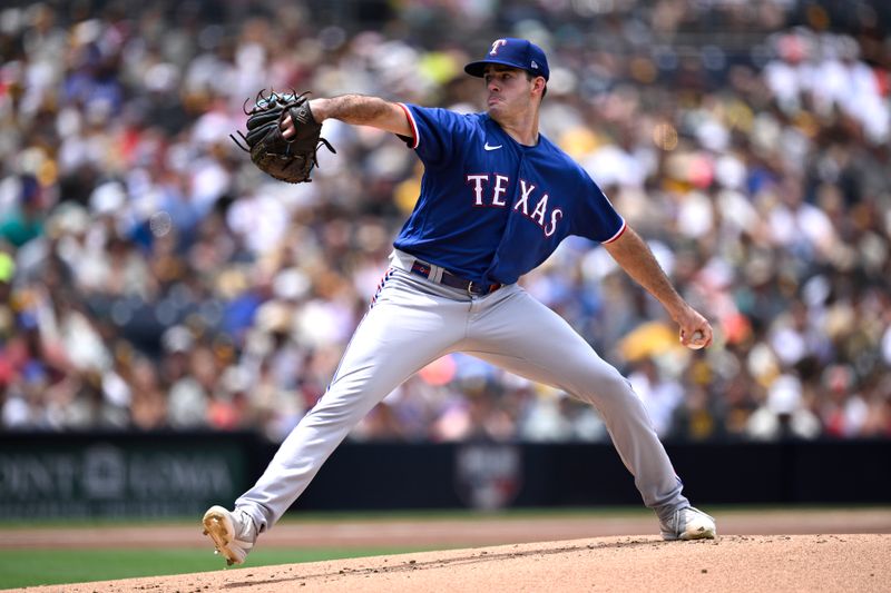 Jul 30, 2023; San Diego, California, USA; Texas Rangers starting pitcher Cody Bradford (61) throws a pitch against the San Diego Padres during the first inning at Petco Park. Mandatory Credit: Orlando Ramirez-USA TODAY Sports