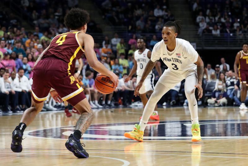 Jan 27, 2024; University Park, Pennsylvania, USA; Penn State Nittany Lions guard Nick Kern Jr (3) defends as Minnesota Golden Gophers guard Braeden Carrington (4) dribbles the ball down the court during the first half at Bryce Jordan Center. Minnesota defeated Penn State 83-74. Mandatory Credit: Matthew O'Haren-USA TODAY Sports