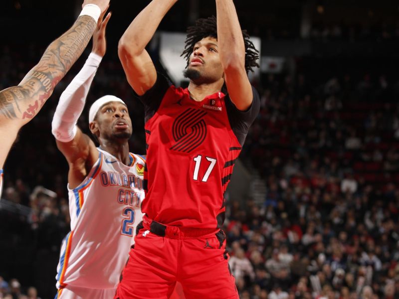 PORTLAND, OR - JANUARY 26: Shaedon Sharpe #17 of the Portland Trail Blazers shoots the ball during the game against the Oklahoma City Thunder on January 26, 2025 at the Moda Center Arena in Portland, Oregon. NOTE TO USER: User expressly acknowledges and agrees that, by downloading and or using this photograph, user is consenting to the terms and conditions of the Getty Images License Agreement. Mandatory Copyright Notice: Copyright 2025 NBAE (Photo by Cameron Browne/NBAE via Getty Images)