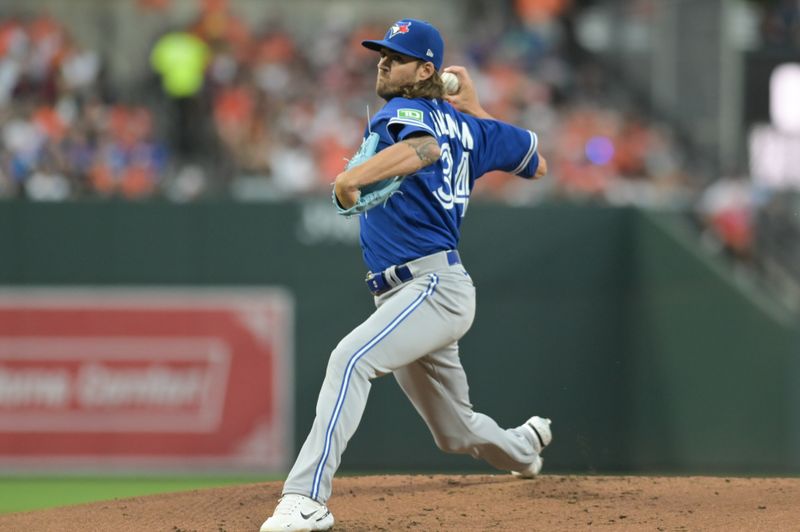 Aug 23, 2023; Baltimore, Maryland, USA;  Toronto Blue Jays starting pitcher Kevin Gausman (34) throws a first inning pitch against the Baltimore Orioles at Oriole Park at Camden Yards. Mandatory Credit: Tommy Gilligan-USA TODAY Sports