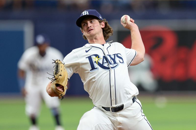 Sep 5, 2024; St. Petersburg, Florida, USA; Tampa Bay Rays pitcher Mason Montgomery (48) throws a pitch against the Minnesota Twins in the eighth inning  at Tropicana Field. Mandatory Credit: Nathan Ray Seebeck-Imagn Images