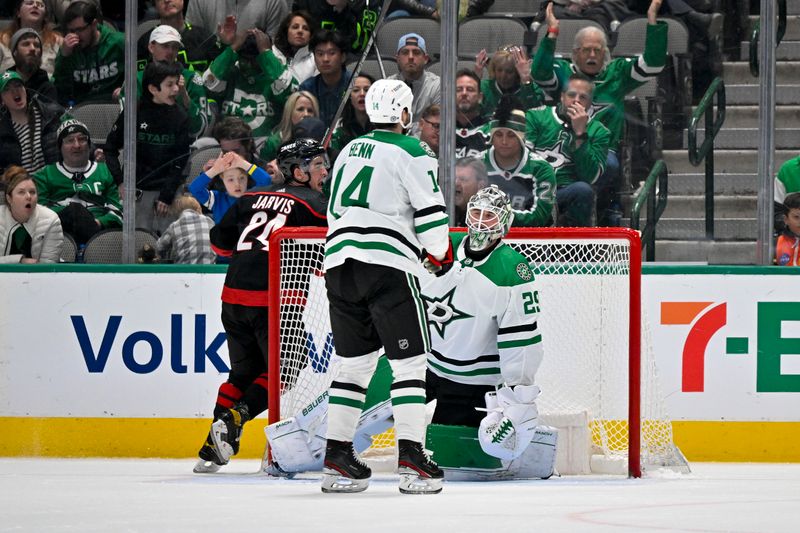 Jan 25, 2023; Dallas, Texas, USA; Dallas Stars goaltender Jake Oettinger (29) reacts to giving up the game winning goal to the Carolina Hurricanes during the overtime period at the American Airlines Center. Mandatory Credit: Jerome Miron-USA TODAY Sports