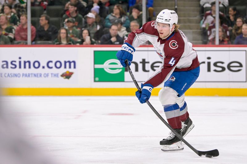 Nov 24, 2023; Saint Paul, Minnesota, USA; Colorado Avalanche defenseman Bowen Byram (4) makes a pass against the Minnesota Wild during the second period at Xcel Energy Center. Mandatory Credit: Nick Wosika-USA TODAY Sports