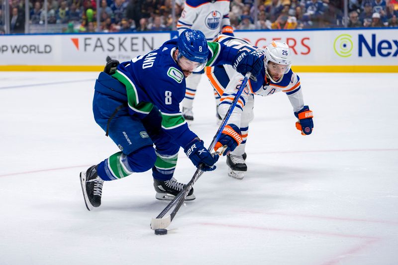 May 8, 2024; Vancouver, British Columbia, CAN; Vancouver Canucks forward Conor Garland (8) drives past Edmonton Oilers defenseman Darnell Nurse (25) on the way to scoring the game winning goal during the third period in game one of the second round of the 2024 Stanley Cup Playoffs at Rogers Arena. Mandatory Credit: Bob Frid-USA TODAY Sports