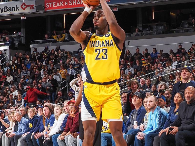 INDIANAPOLIS, IN - FEBUARY 3:  Aaron Nesmith #23 of the Indiana Pacers shoots a three point basket during the game on Febuary 3, 2023 at Gainbridge Fieldhouse in Indianapolis, Indiana. NOTE TO USER: User expressly acknowledges and agrees that, by downloading and or using this Photograph, user is consenting to the terms and conditions of the Getty Images License Agreement. Mandatory Copyright Notice: Copyright 2023 NBAE (Photo by Ron Hoskins/NBAE via Getty Images)