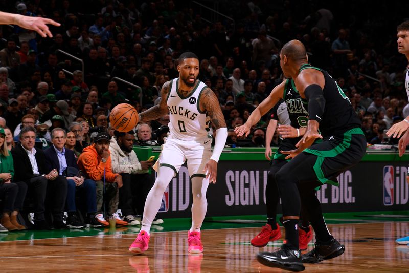 BOSTON, MA - MARCH 20: Damian Lillard #0 of the Milwaukee Bucks handles the ball during the game against the Boston Celtics on March 20, 2024 at the TD Garden in Boston, Massachusetts. NOTE TO USER: User expressly acknowledges and agrees that, by downloading and or using this photograph, User is consenting to the terms and conditions of the Getty Images License Agreement. Mandatory Copyright Notice: Copyright 2024 NBAE  (Photo by Brian Babineau/NBAE via Getty Images)