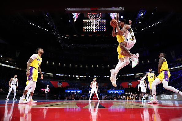 LAS VEGAS, NV - DECEMBER 9: Obi Toppin #1 of the Indiana Pacers drives to the basket during the game against the Los Angeles Lakers during the In-Season Tournament Championship game on December 9, 2023 at T-Mobile Arena in Las Vegas, Nevada. NOTE TO USER: User expressly acknowledges and agrees that, by downloading and or using this photograph, User is consenting to the terms and conditions of the Getty Images License Agreement. Mandatory Copyright Notice: Copyright 2023 NBAE (Photo by Jeff Haynes/NBAE via Getty Images)