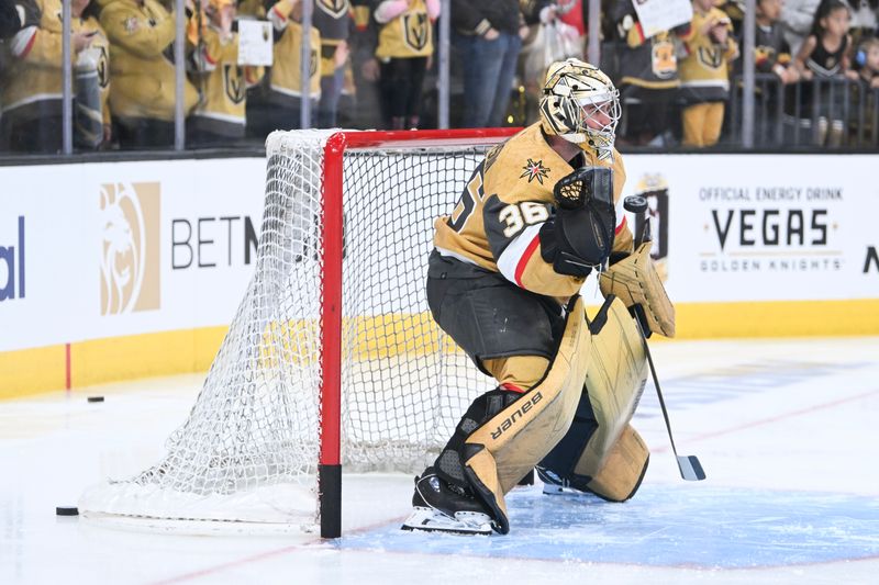 Apr 27, 2024; Las Vegas, Nevada, USA; Vegas Golden Knights goaltender Logan Thompson (36) warms up against the Dallas Stars in game three of the first round of the 2024 Stanley Cup Playoffs at T-Mobile Arena. Mandatory Credit: Candice Ward-USA TODAY Sports