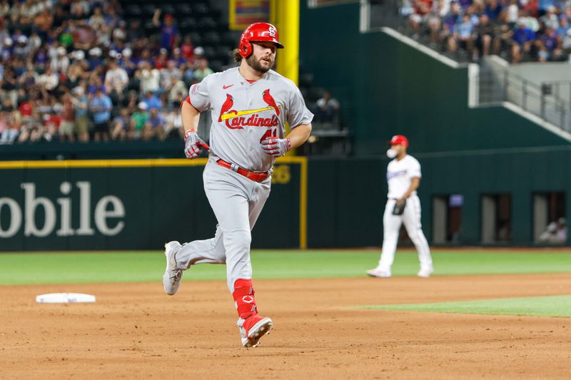 Jun 7, 2023; Arlington, Texas, USA; St. Louis Cardinals left fielder Alec Burleson (41) circles the bases after hitting a go ahead home run during the eighth inning against the Texas Rangers at Globe Life Field. Mandatory Credit: Andrew Dieb-USA TODAY Sports