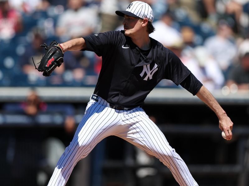 Mar 18, 2025; Tampa, Florida, USA; New York Yankees pitcher Max Fried (54) throws a pitch against the Boston Red Sox in the first inning during spring training at George M. Steinbrenner Field. Mandatory Credit: Nathan Ray Seebeck-Imagn Images