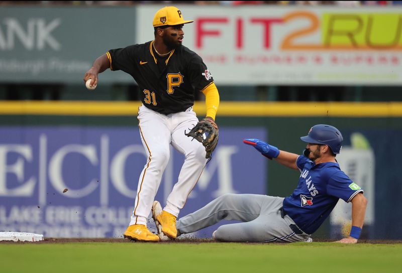 Mar 21, 2024; Bradenton, Florida, USA; Pittsburgh Pirates shortstop Liover Peguero (31) forces out Toronto Blue Jays first baseman Spencer Horwitz (48) and throws the ball to first base for a double play during the fifth inning at LECOM Park. Mandatory Credit: Kim Klement Neitzel-USA TODAY Sports