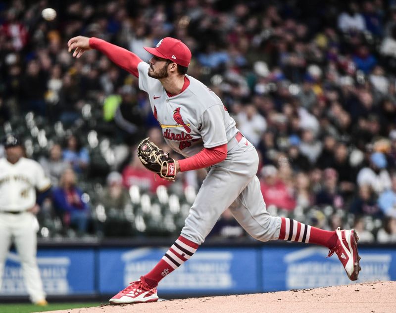 Apr 17, 2022; Milwaukee, Wisconsin, USA; St. Louis Cardinals pitcher Dakota Hudson (43) throws a pitch in the first inning against the Milwaukee Brewers at American Family Field. Mandatory Credit: Benny Sieu-USA TODAY Sports