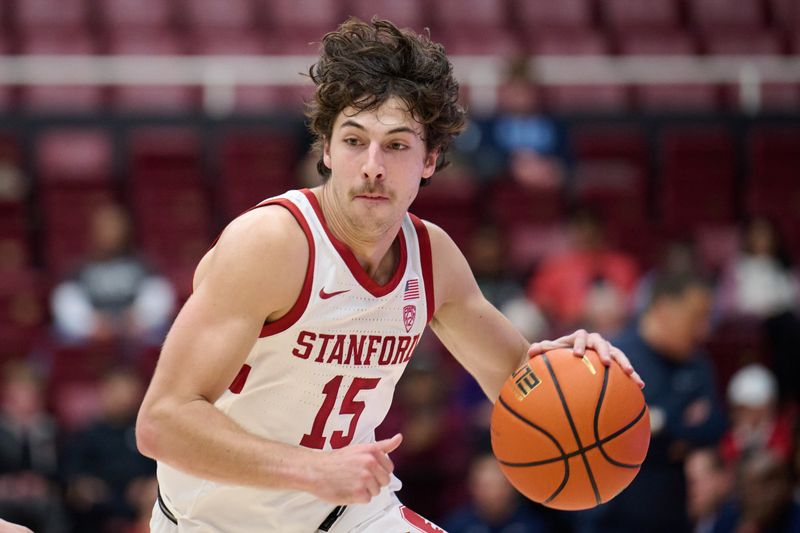 Dec 3, 2023; Stanford, California, USA; Stanford Cardinal guard Benny Gealer (15) dribbles the basketball against the San Diego Toreros during the second half at Maples Pavilion. Mandatory Credit: Robert Edwards-USA TODAY Sports