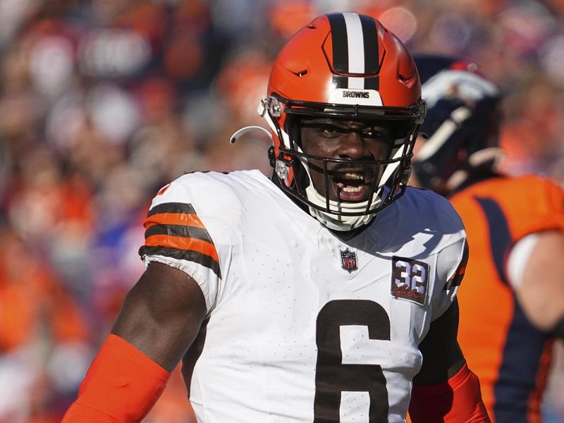 Cleveland Browns linebacker Jeremiah Owusu-Koramoah (6) celebrates a play against the Denver Broncos of an NFL football game Sunday November 26, 2023, in Denver. (AP Photo/Bart Young)