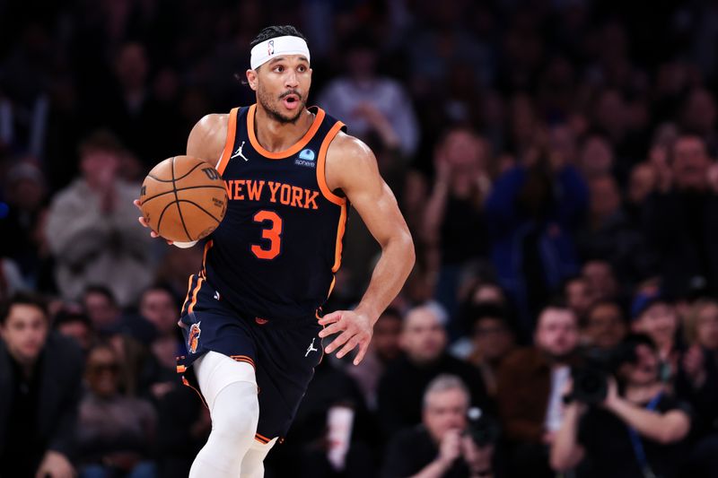 NEW YORK, NEW YORK - MARCH 05: Josh Hart #3 of the New York Knicks brings the ball up the court during the third quarter of the game against the Atlanta Hawks at Madison Square Garden on March 05, 2024 in New York City. NOTE TO USER: User expressly acknowledges and agrees that, by downloading and or using this photograph, User is consenting to the terms and conditions of the Getty Images License Agreement. (Photo by Dustin Satloff/Getty Images)