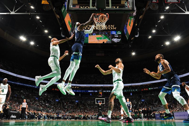 BOSTON, MA - NOVEMBER 24: Jaden McDaniels #3 of the Minnesota Timberwolves dunks the ball during the game against the Boston Celtics on November 24, 2024 at the TD Garden in Boston, Massachusetts. NOTE TO USER: User expressly acknowledges and agrees that, by downloading and or using this photograph, User is consenting to the terms and conditions of the Getty Images License Agreement. Mandatory Copyright Notice: Copyright 2024 NBAE(Photo by Brian Babineau/NBAE via Getty Images)