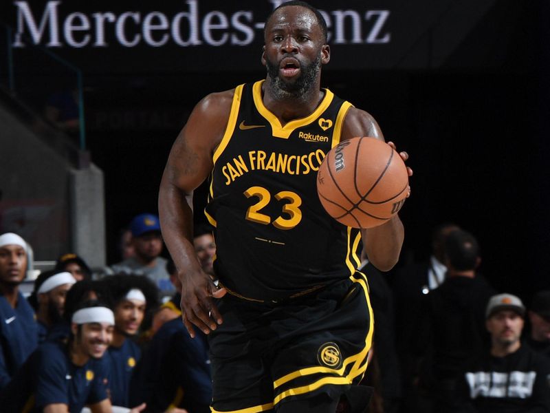 SAN FRANCISCO, CA - MARCH 22:Draymond Green #23 of the Golden State Warriors dribbles the ball during the game against the Indiana Pacers on March 22, 2024 at Chase Center in San Francisco, California. NOTE TO USER: User expressly acknowledges and agrees that, by downloading and or using this photograph, user is consenting to the terms and conditions of Getty Images License Agreement. Mandatory Copyright Notice: Copyright 2024 NBAE (Photo by Noah Graham/NBAE via Getty Images)