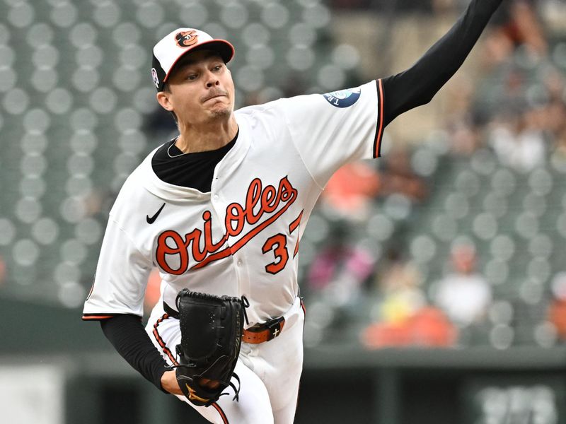 Sep 11, 2025; Baltimore, Maryland, USA;  Baltimore Orioles pitcher Cade Povich (37) delivers a pitch during the second inning against the Pittsburgh Pirates at Oriole Park at Camden Yards. Mandatory Credit: James A. Pittman-Imagn Images