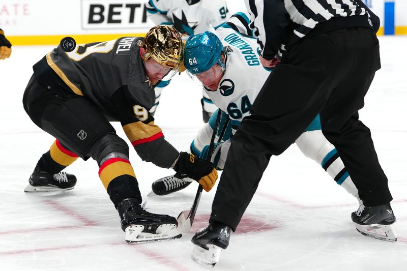 Dec 10, 2023; Las Vegas, Nevada, USA; Vegas Golden Knights center Jack Eichel (9) takes a face off against San Jose Sharks right wing Mitchell Russell (64) during the third period at T-Mobile Arena. Mandatory Credit: Stephen R. Sylvanie-USA TODAY Sports