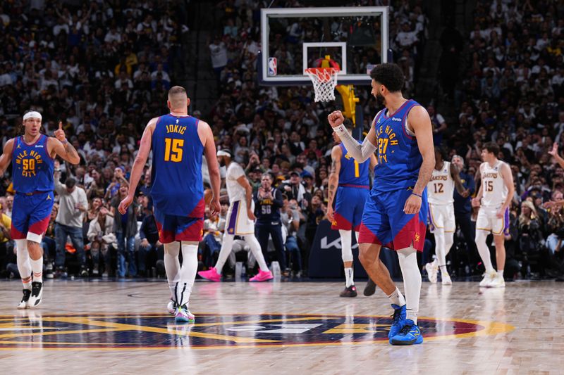 DENVER, CO - APRIL 20: Jamal Murray #27 of the Denver Nuggets celebrates during the game against the Los Angeles Lakers during Round 1 Game 1 of the 2024 NBA Playoffs on April 20, 2024 at the Ball Arena in Denver, Colorado. NOTE TO USER: User expressly acknowledges and agrees that, by downloading and/or using this Photograph, user is consenting to the terms and conditions of the Getty Images License Agreement. Mandatory Copyright Notice: Copyright 2024 NBAE (Photo by Garrett Ellwood/NBAE via Getty Images)