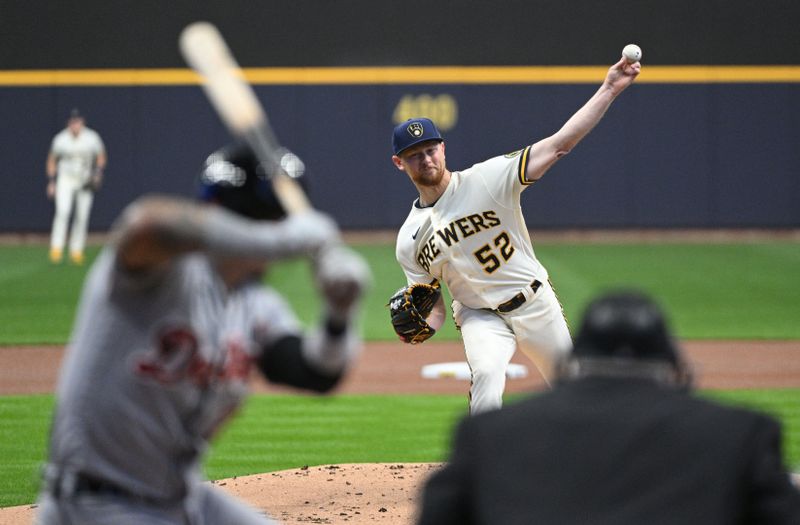 Apr 25, 2023; Milwaukee, Wisconsin, USA; Milwaukee Brewers starting pitcher Eric Lauer (52) delivers a pitch against the Detroit Tigers in the first inning at American Family Field. Mandatory Credit: Michael McLoone-USA TODAY Sports