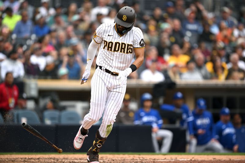 May 17, 2023; San Diego, California, USA; San Diego Padres right fielder Fernando Tatis Jr. (23) slams his bat after flying out to end the eighth inning against the Kansas City Royals at Petco Park. Mandatory Credit: Orlando Ramirez-USA TODAY Sports