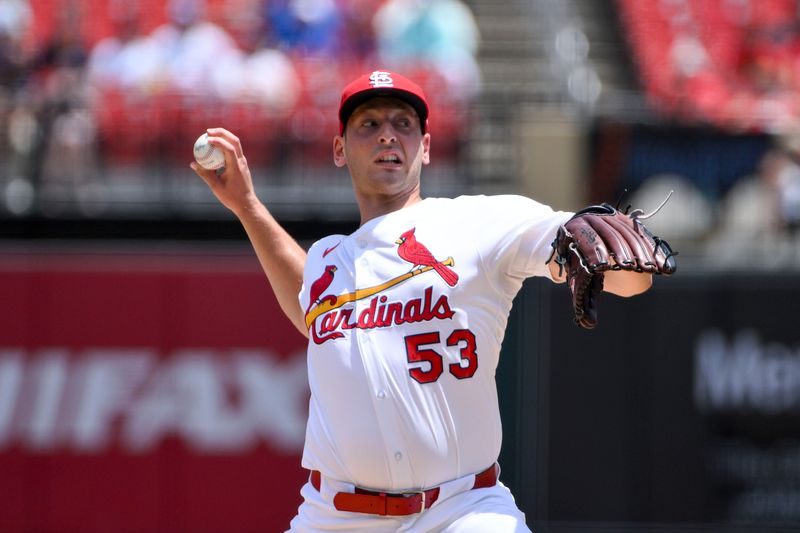 Jun 26, 2025; St. Louis, Missouri, USA;  St. Louis Cardinals starting pitcher Andre Pallante (53) pitches against the Chicago Cubs during the first inning at Busch Stadium. Mandatory Credit: Jeff Curry-Imagn Images