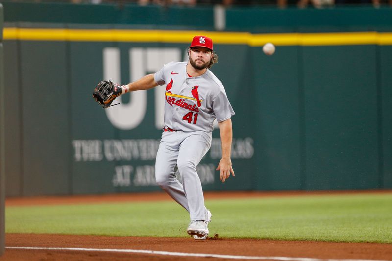 Jun 7, 2023; Arlington, Texas, USA; St. Louis Cardinals left fielder Alec Burleson (41) fields a fly ball down the line during the sixth inning against the Texas Rangers at Globe Life Field. Mandatory Credit: Andrew Dieb-USA TODAY Sports