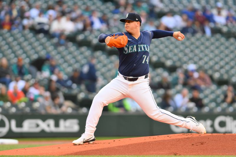 Jun 11, 2024; Seattle, Washington, USA; Seattle Mariners starting pitcher Jhonathan Diaz (74) pitches to the Chicago White Sox during the first inning at T-Mobile Park. Mandatory Credit: Steven Bisig-USA TODAY Sports