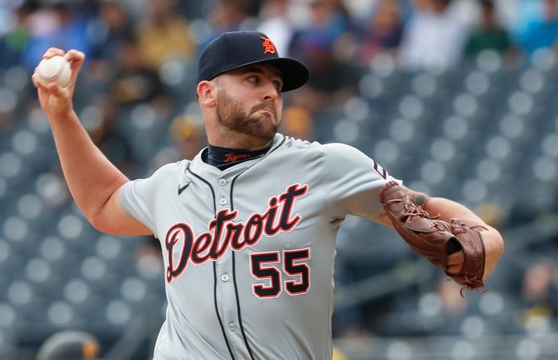 Apr 9, 2024; Pittsburgh, Pennsylvania, USA;  Detroit Tigers relief pitcher Alex Lange (55) throws against the Pittsburgh Pirates during the seventh inning at PNC Park. Detroit won 5-3. Mandatory Credit: Charles LeClaire-USA TODAY Sports