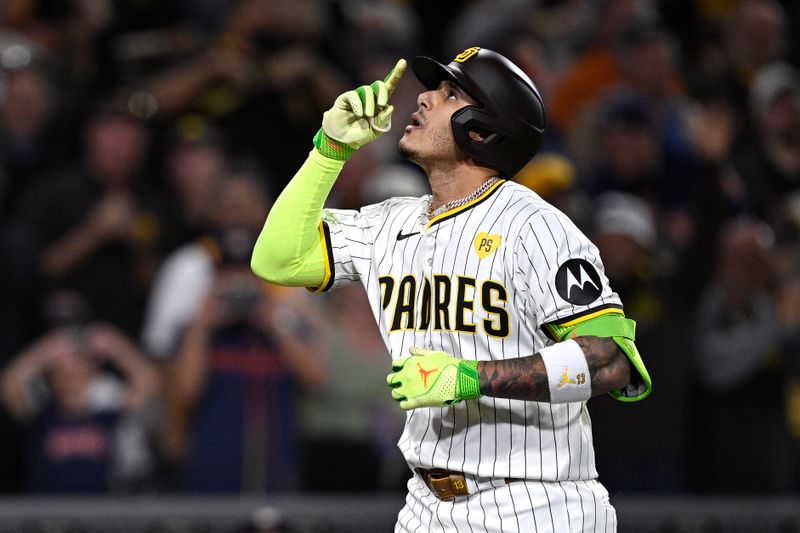 Sep 17, 2024; San Diego, California, USA; San Diego Padres third baseman Manny Machado (13) celebrates after hitting a two-run home run against the Houston Astros during the sixth inning at Petco Park. Mandatory Credit: Orlando Ramirez-Imagn Images