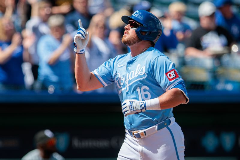 Apr 7, 2024; Kansas City, Missouri, USA; Kansas City Royals outfielder Hunter Renfroe (16) crosses home plate after hitting a home run during the fifth inning against the Chicago White Soxat Kauffman Stadium. Mandatory Credit: William Purnell-USA TODAY Sports