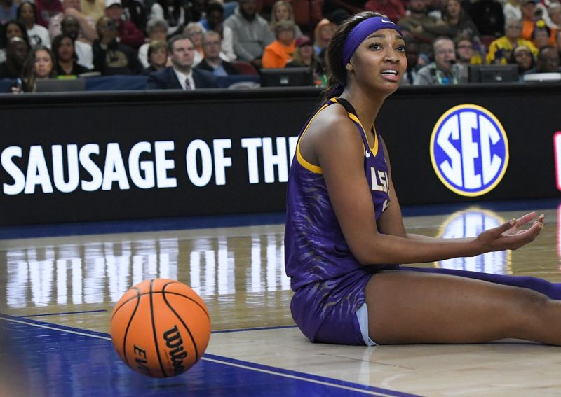 Mar 10, 2024; Greensville, SC, USA; Louisiana State University forward Angel Reese (10) reacts after the ball went out of bounds playing USC during the fourth quarter of the SEC Women's Basketball Tournament Championship game at the Bon Secours Wellness Arena. Mandatory Credit: Ken Ruinard-USA TODAY Sports via Greenville News
 