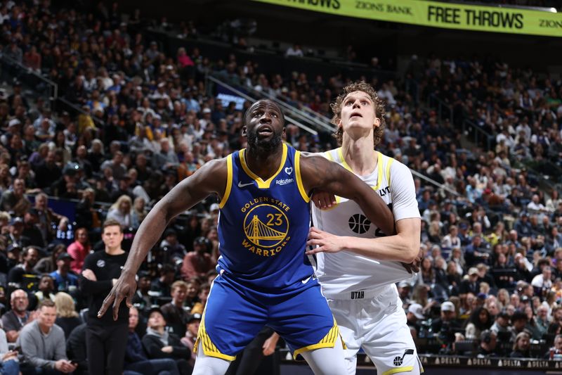 SALT LAKE CITY, UT - FEBRUARY 15: Draymond Green #23 of the Golden State Warriors boxes out against Lauri Markkanen #23 of the Utah Jazz during the game on February 15, 2024 at Delta Center in Salt Lake City, Utah. NOTE TO USER: User expressly acknowledges and agrees that, by downloading and or using this Photograph, User is consenting to the terms and conditions of the Getty Images License Agreement. Mandatory Copyright Notice: Copyright 2024 NBAE (Photo by Melissa Majchrzak/NBAE via Getty Images)