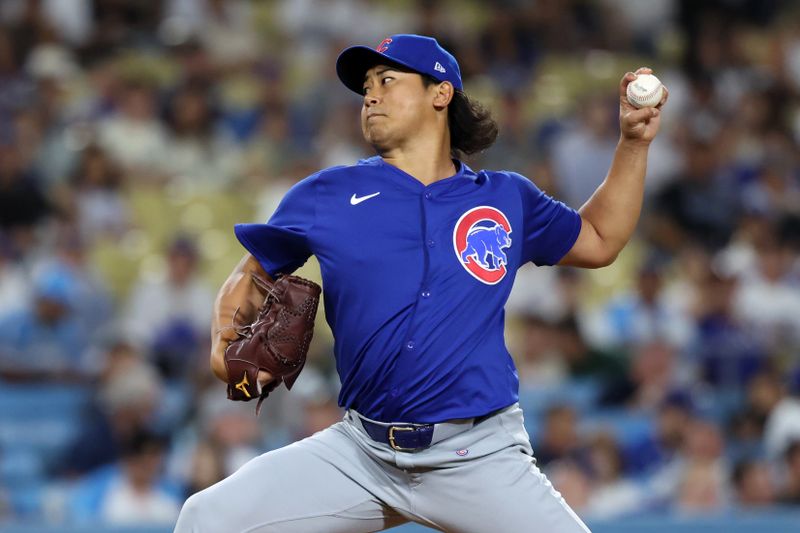 Sep 10, 2024; Los Angeles, California, USA;  Chicago Cubs starting pitcher Shota Imanaga (18) pitches during the first inning against the Los Angeles Dodgers at Dodger Stadium. Mandatory Credit: Kiyoshi Mio-Imagn Images