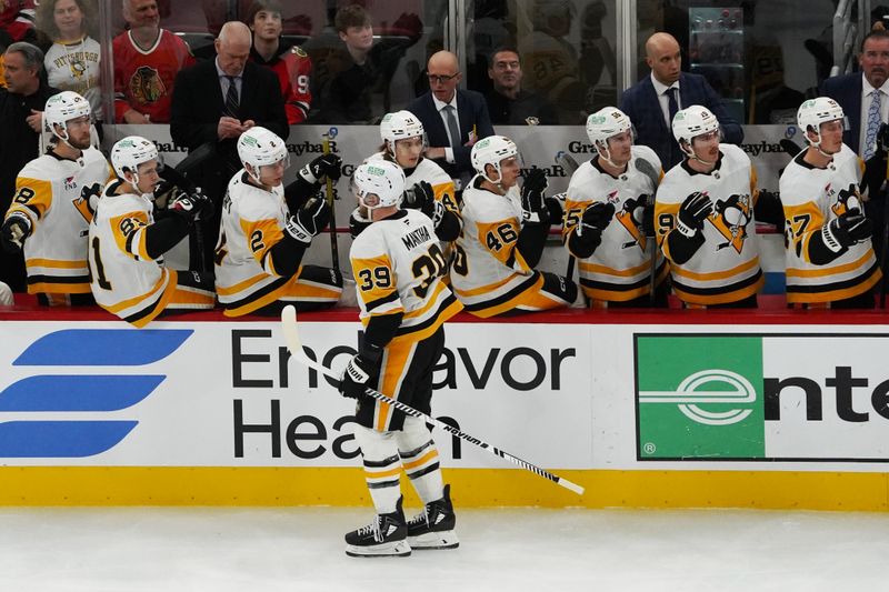 Dec 28, 2025; Chicago, Illinois, USA; Pittsburgh Penguins right wing Anthony Mantha (39) celebrates scoring against the Chicago Blackhawks during the first period at United Center. Mandatory Credit: David Banks-Imagn Images