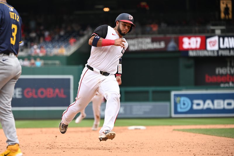 Aug 4, 2024; Washington, District of Columbia, USA; Washington Nationals catcher Keibert Ruiz (20) runs to third base against the Milwaukee Brewers during the sixth inning at Nationals Park. Mandatory Credit: Rafael Suanes-USA TODAY Sports