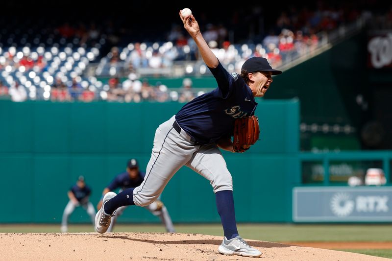 May 25, 2024; Washington, District of Columbia, USA; Seattle Mariners starting pitcher Logan Gilbert (36) pitches against the Washington Nationals during the first inning at Nationals Park. Mandatory Credit: Geoff Burke-USA TODAY Sports