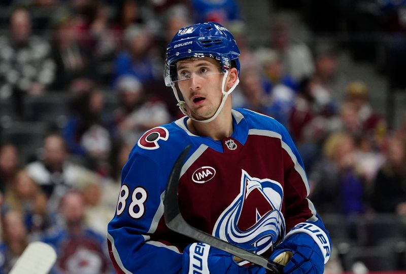 Nov 13, 2025; Denver, Colorado, USA; Colorado Avalanche center Martin Necas (88) looks on during the third period against the Buffalo Sabres at Ball Arena. Mandatory Credit: Ron Chenoy-Imagn Images