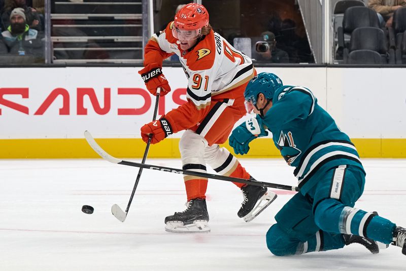 Oct 1, 2025; San Jose, California, USA; Anaheim Ducks center Leo Carlsson (91) shoots the puck against San Jose Sharks defenseman Shakir Mukhamadullin (85) during the first period at SAP Center at San Jose. Mandatory Credit: Robert Edwards-Imagn Images