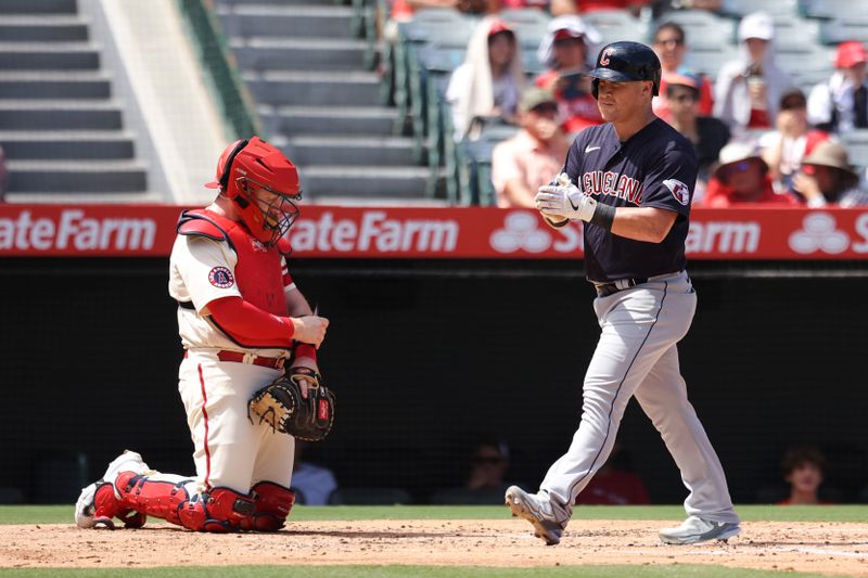 Sep 10, 2023; Anaheim, California, USA; Cleveland Guardians right fielder Kole Calhoun (56) celebrates after hitting a home run against the Los Angeles Angels during the second inning of the game  at Angel Stadium. Mandatory Credit: Jessica Alcheh-USA TODAY Sports