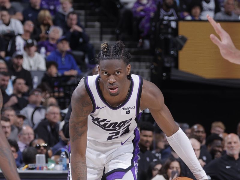 SACRAMENTO, CA - MARCH 29:  Keon Ellis #23 of the Sacramento Kings handles the ball during the game  on March 29, 2024 at Golden 1 Center in Sacramento, California. NOTE TO USER: User expressly acknowledges and agrees that, by downloading and or using this Photograph, user is consenting to the terms and conditions of the Getty Images License Agreement. Mandatory Copyright Notice: Copyright 2024 NBAE (Photo by Rocky Widner/NBAE via Getty Images)